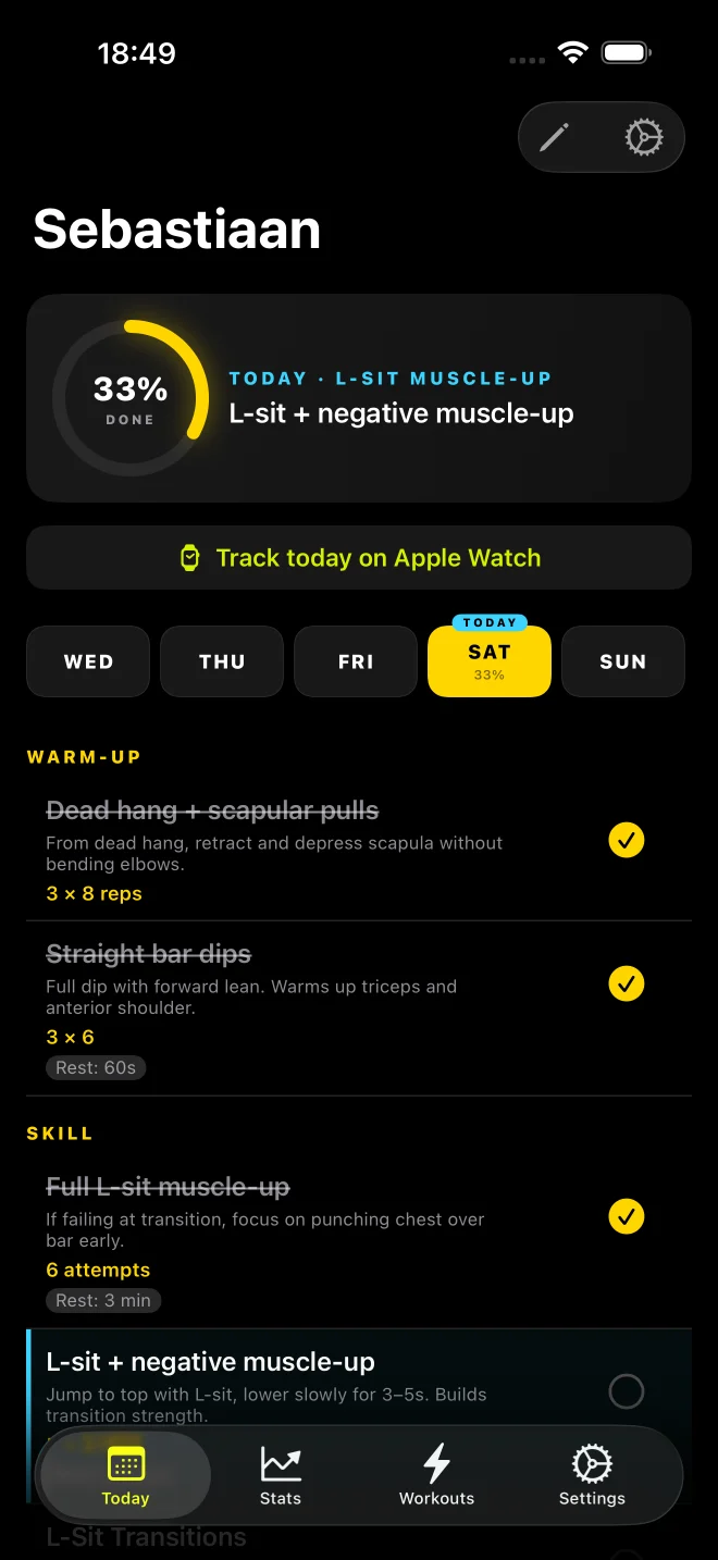 The GetStronger Today screen: a 33% progress ring, the week’s day strip, and today’s warm-up and skill exercises being ticked off.