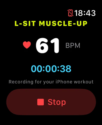 GetStronger on Apple Watch recording live heart rate during a session: 61 BPM and elapsed time.